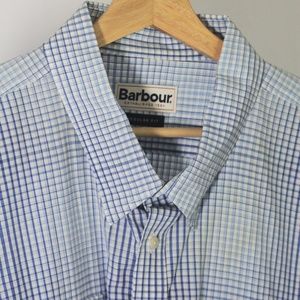 Barbour Men's Light Blue, Navy & White Plaid Short-Sleeve Button Down Shirt